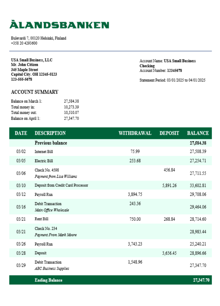 Modèle Word et PDF de relevé de compte de la banque Aland